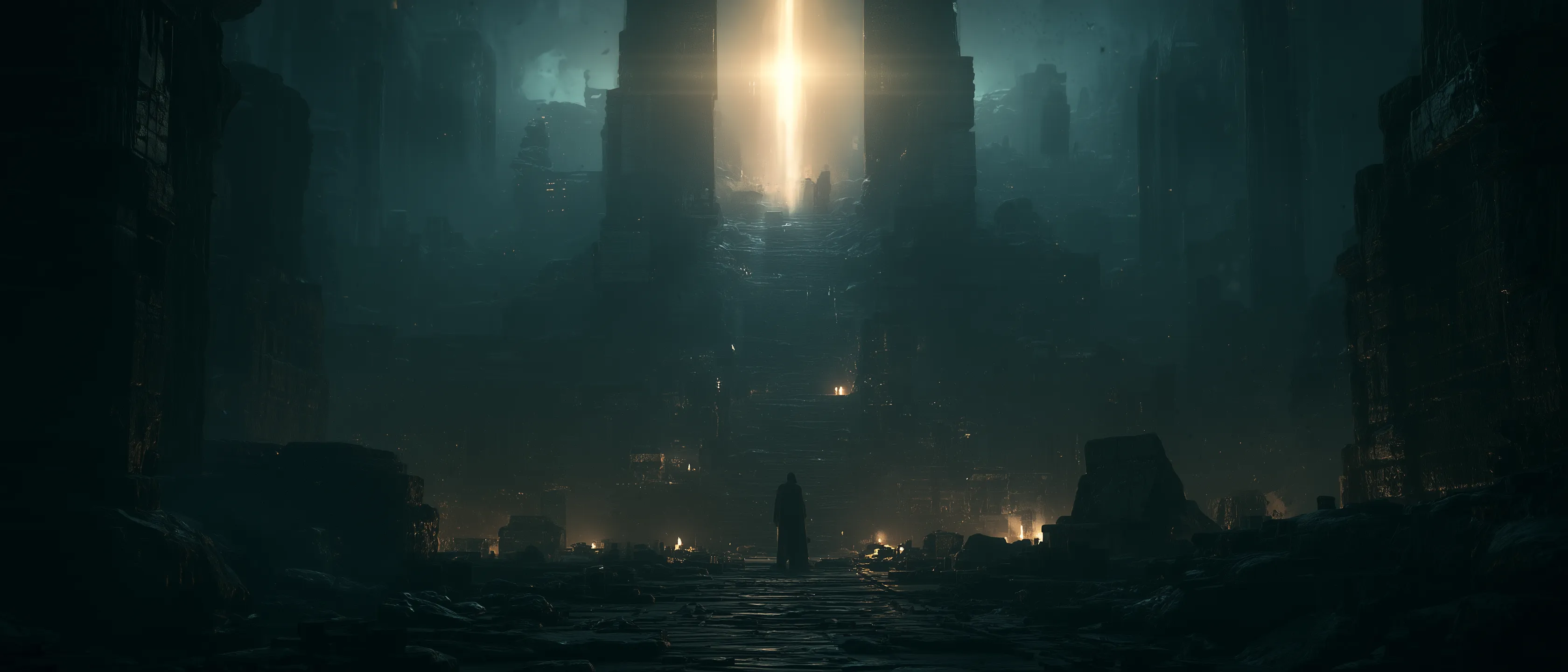A lone cloaked figure stands before a vast ruined alien city, dwarfed by towering derelict structures split by a single shaft of light.