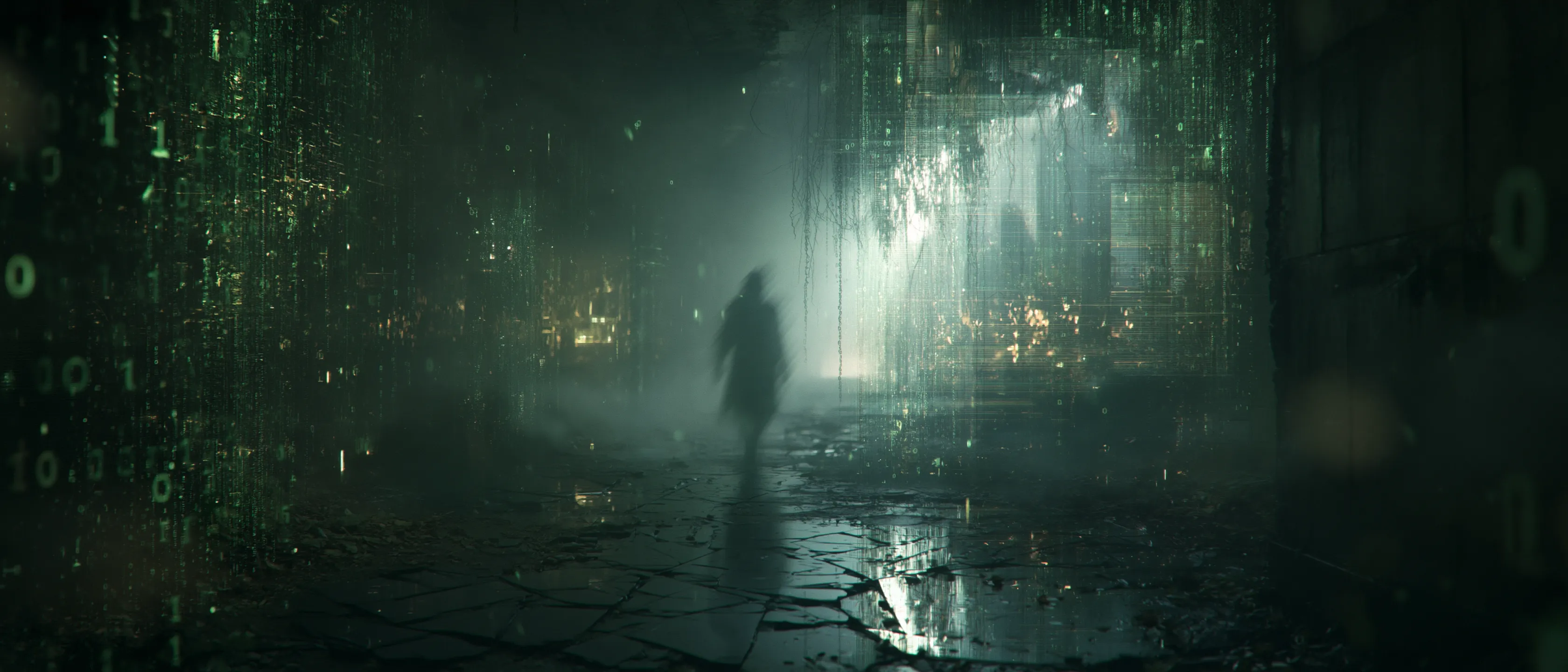 A hooded figure walks alone down a cracked, rain-slicked corridor through a glowing green digital rain tunnel, cyberpunk Matrix-style code streaming down both walls toward a bright hazy doorway.