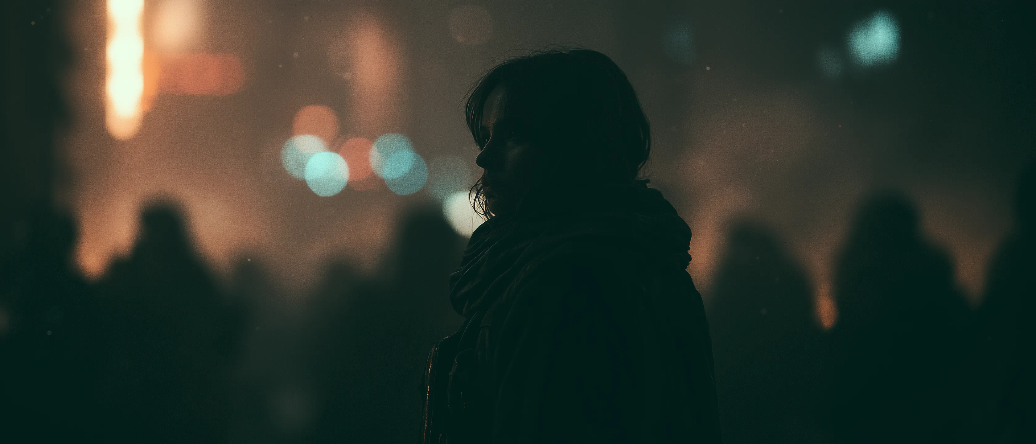 A woman in a hooded coat and scarf stands in silhouette against a hazy, bokeh-lit night crowd.