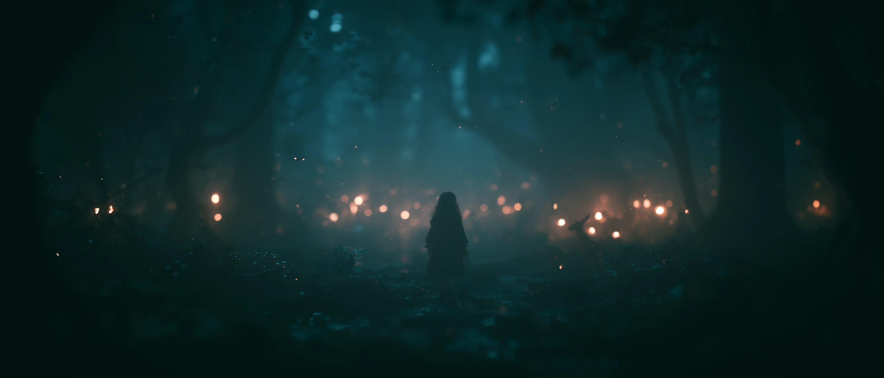 A lone girl stands in a misty, dark forest surrounded by drifting orbs of warm firefly light, a faint deer glimpsed among the trees.
