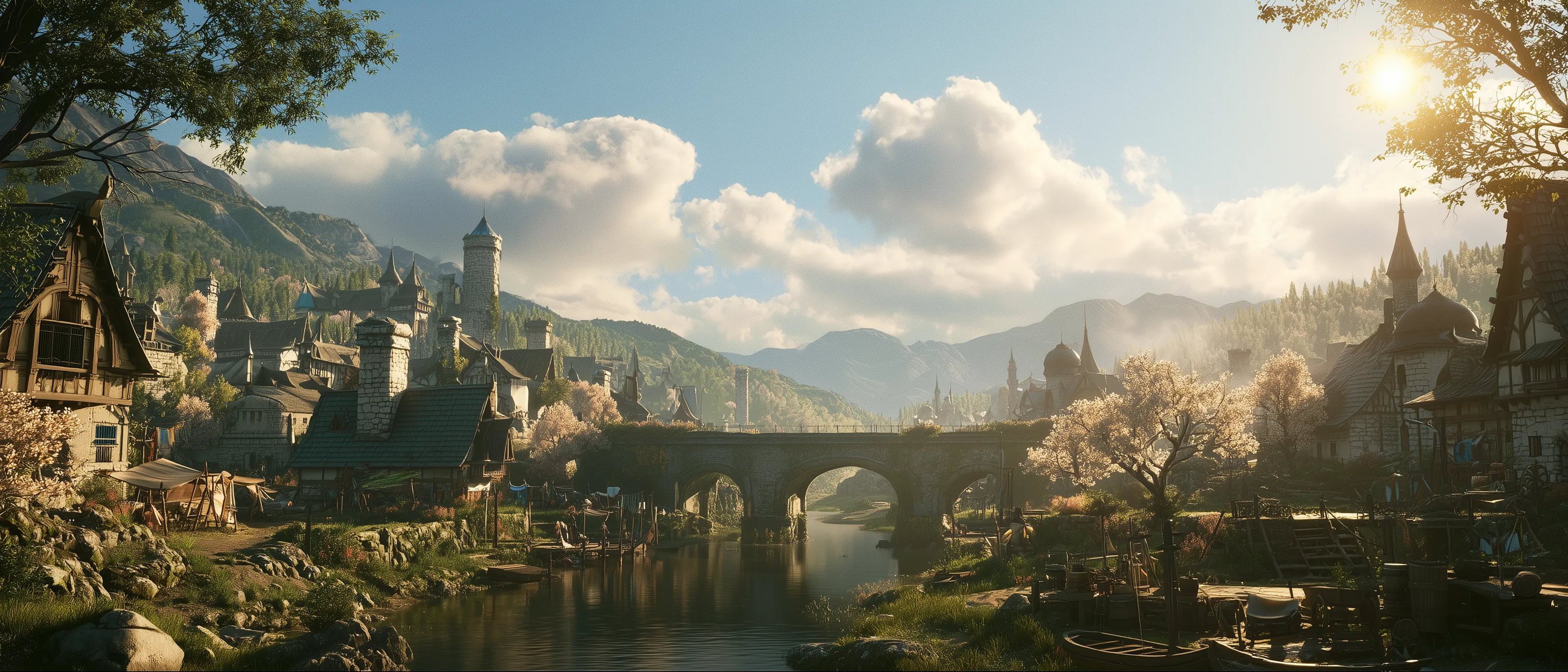 A misty dawn-lit fantasy town of stone rooftops and a tall spire on a river bend, crossed by a triple-arched stone bridge, with mountains and sunlight breaking through clouds in the distance.