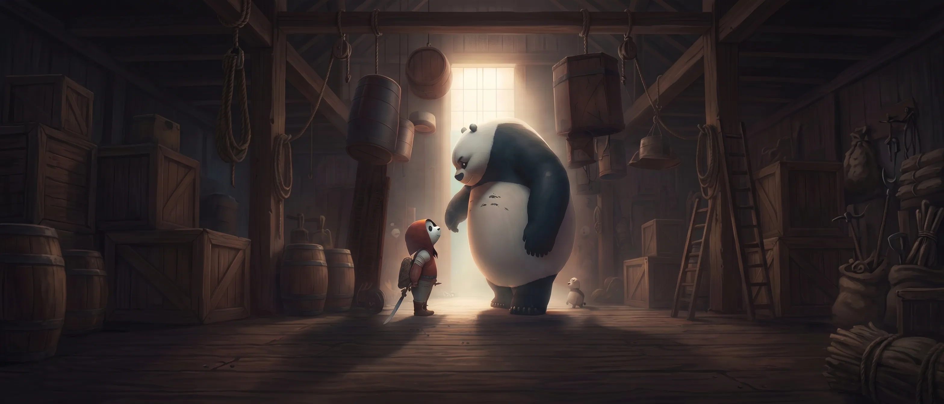A towering, stern-faced panda meets the gaze of a small hooded apprentice with a sword, lit by an open barn door, a tiny panda cub peeking out behind them.