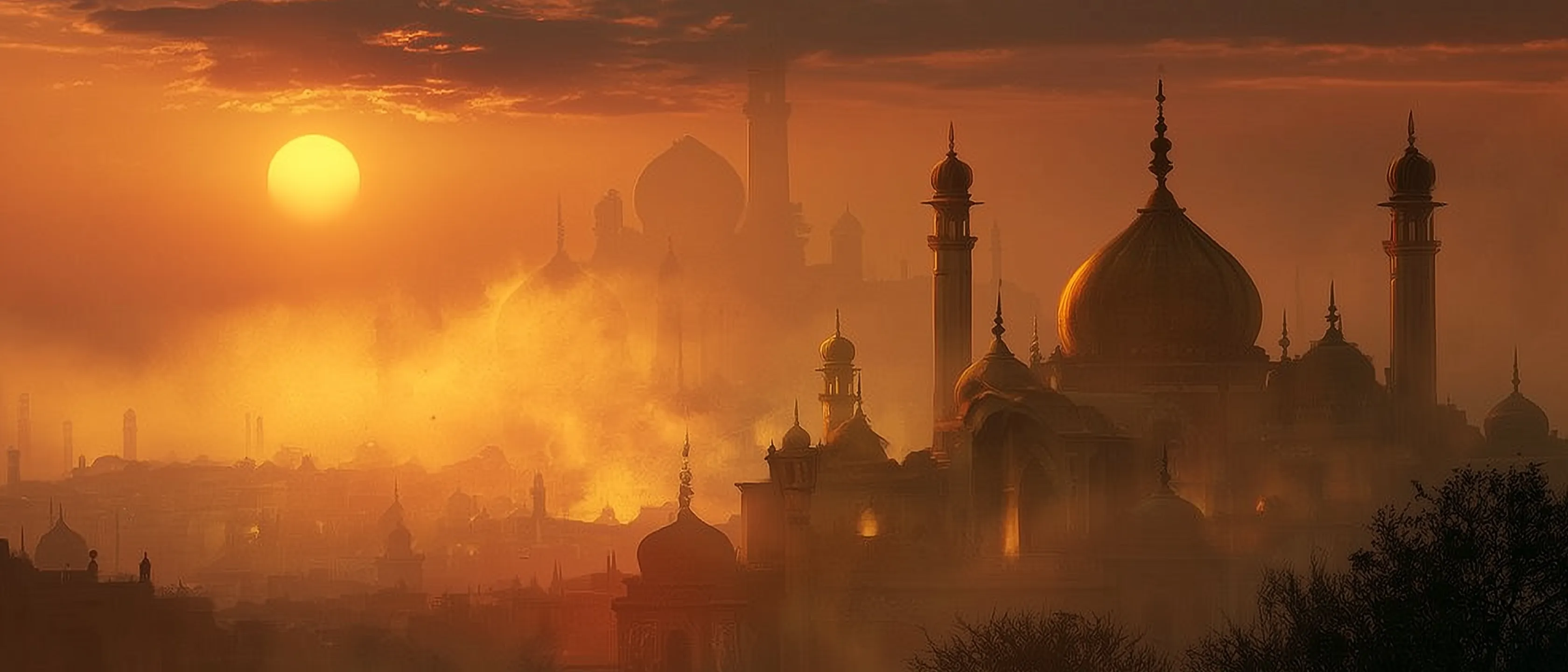A desert palace city of domes and minarets silhouetted at sunset, hazy golden light and smoke drifting over the rooftops.
