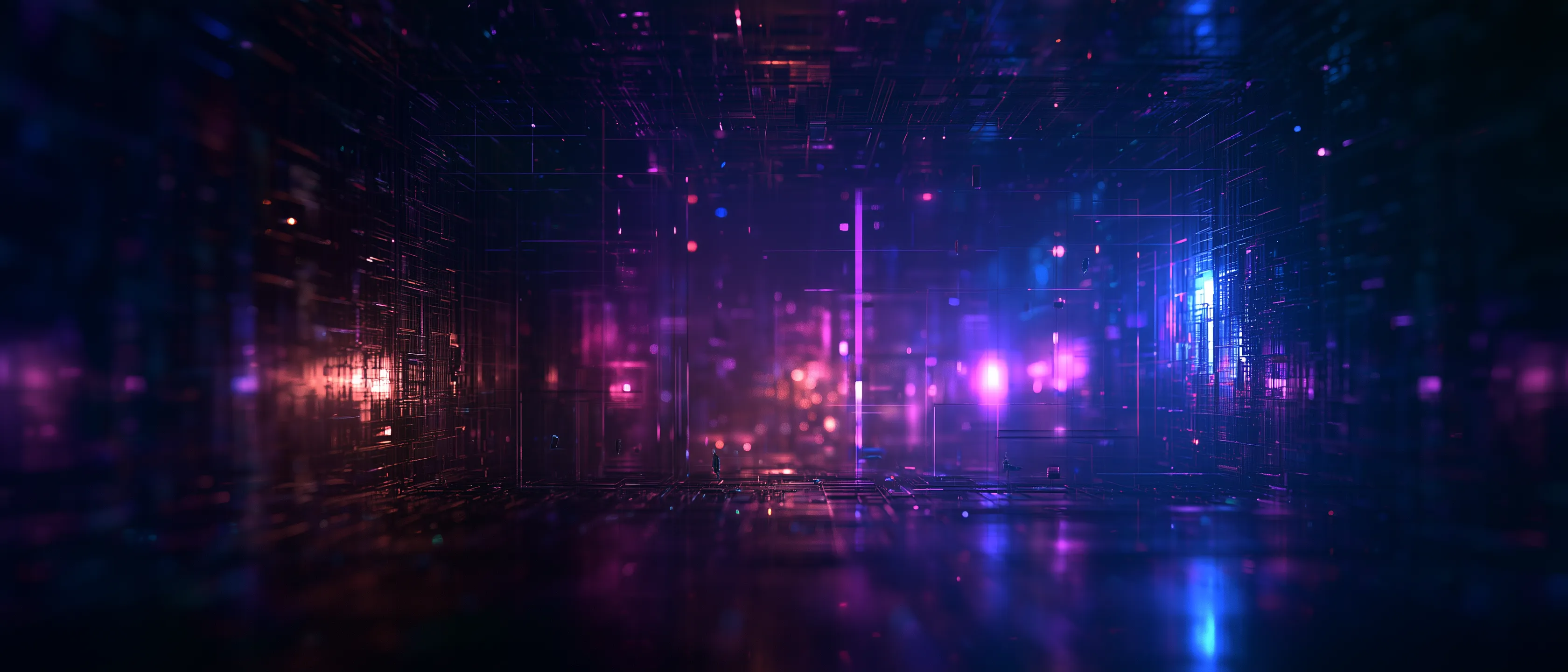A dark, glowing digital corridor of glass and wireframe structures lit by drifting purple and blue light.