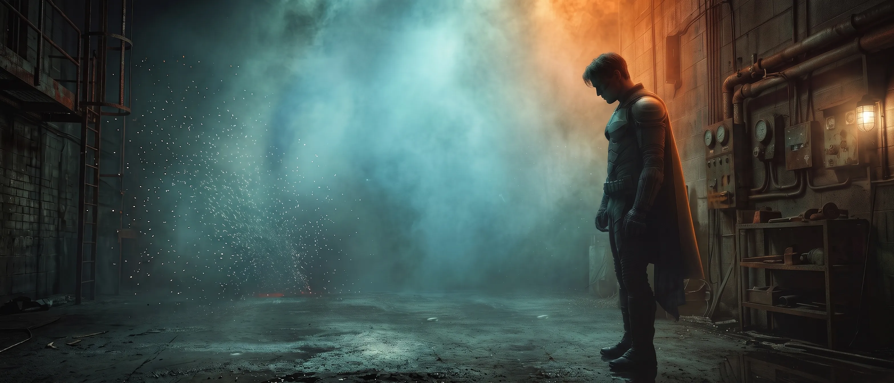 A caped superhero in dark armor stands in a smoky industrial alley, lit by cool blue mist on one side and warm orange glow on the other.
