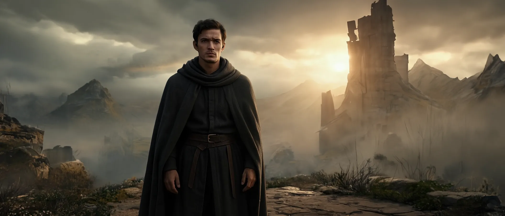 A cloaked traveler stands on a mist-covered ruin at dusk, facing a crumbling stone tower against distant mountains and a fading sun.