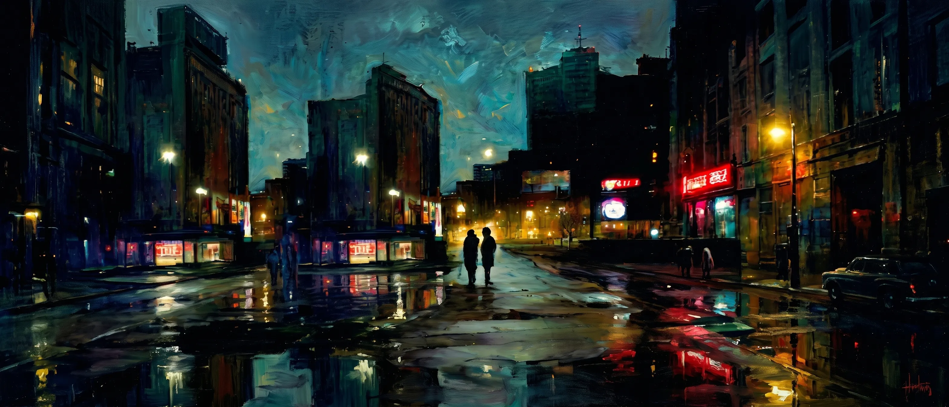 Two silhouetted figures stand in a rain-slicked city street at night, neon shop signs and streetlights reflecting in the wet pavement under a painterly teal sky.