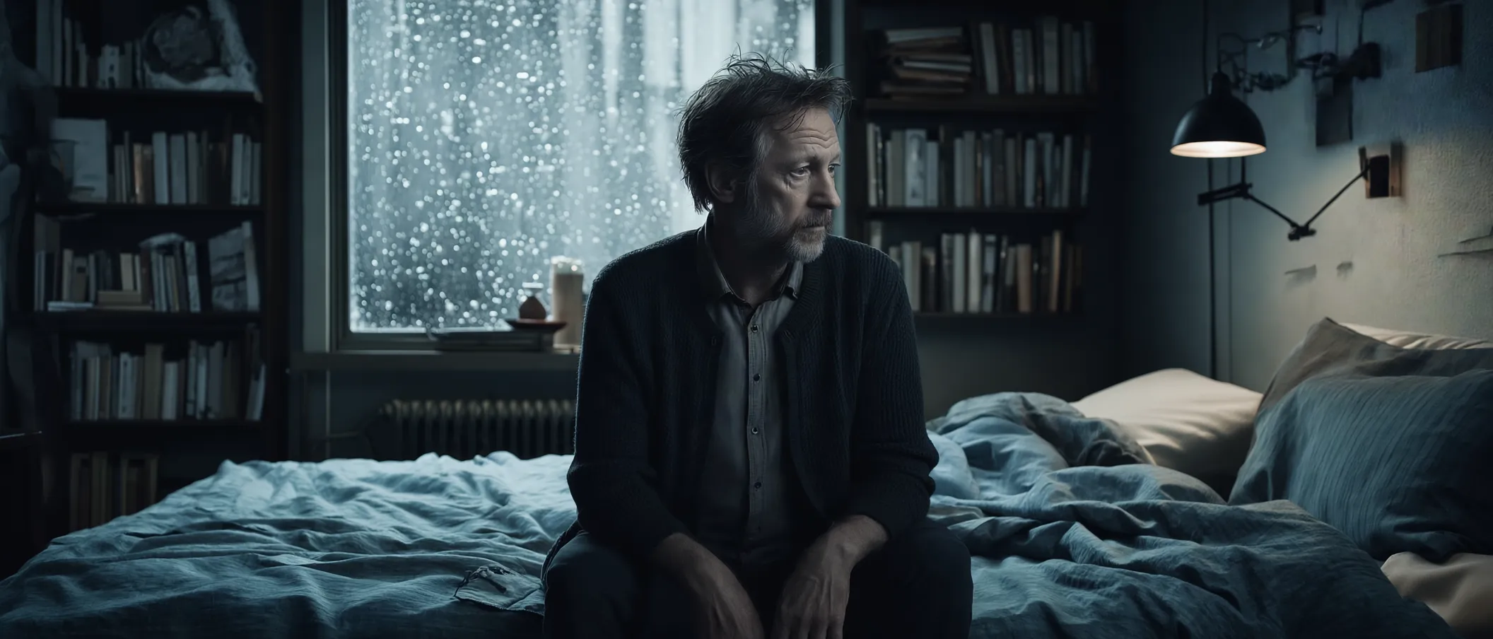 A middle-aged man in a dark cardigan sits alone on the edge of an unmade bed in a dim, book-lined apartment bedroom at night, rain streaming down the window behind him as a single warm lamp glows beside the bed.