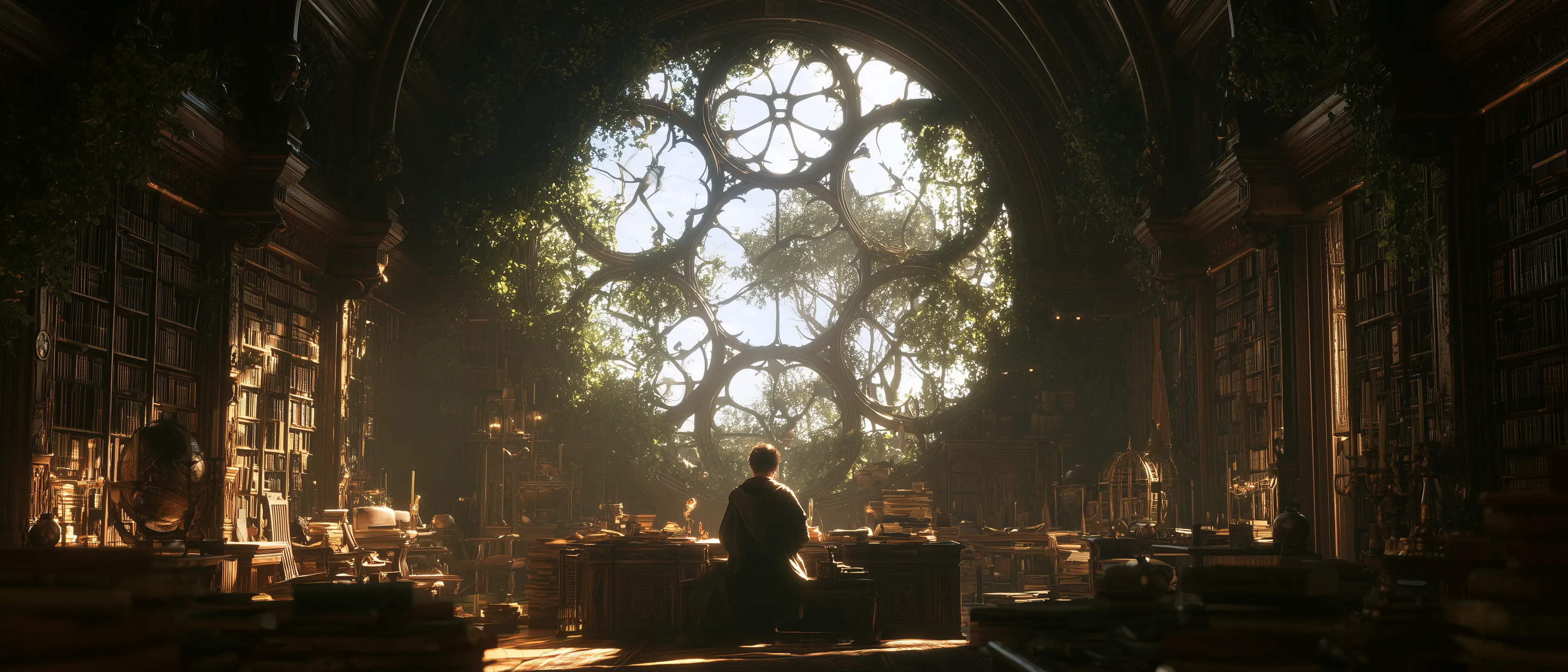 a boy sitting in a library