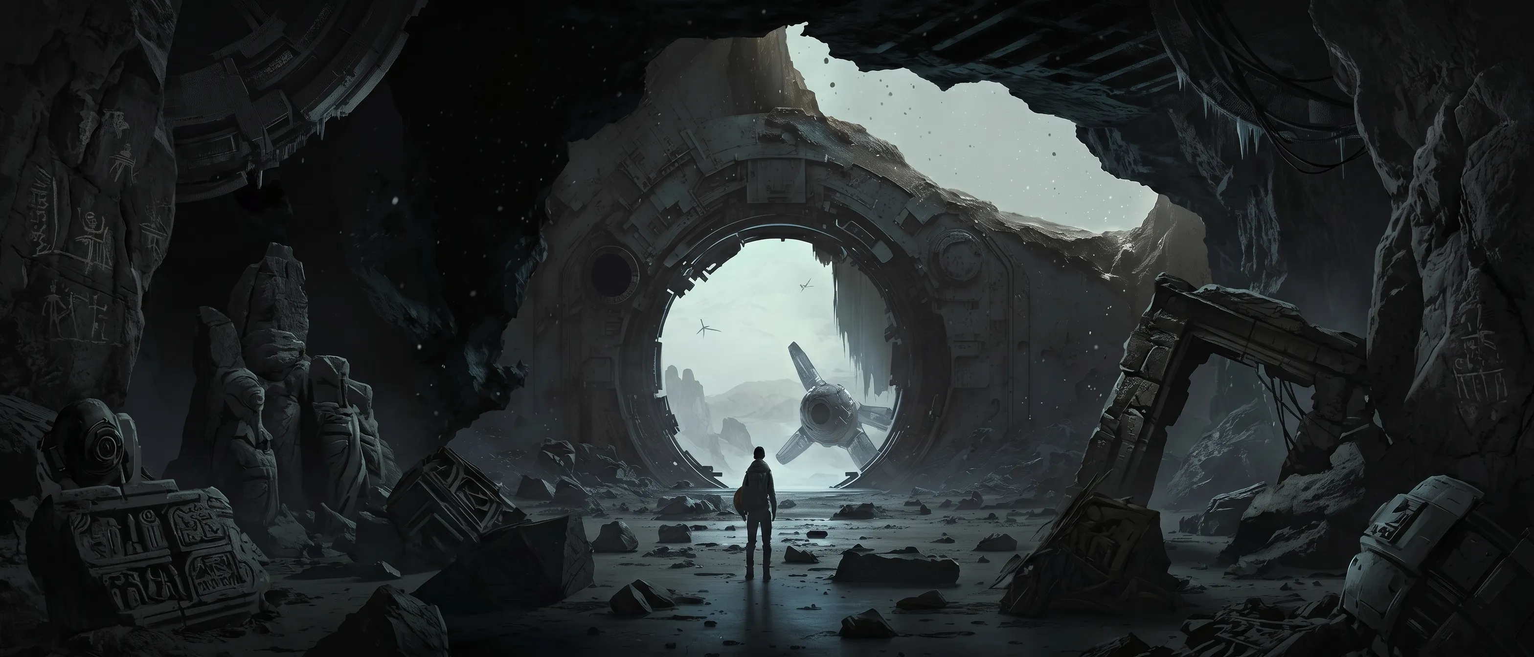 A lone figure stands before a massive derelict circular gate carved into an icy cave, a crashed spacecraft visible through the opening under a pale sky.