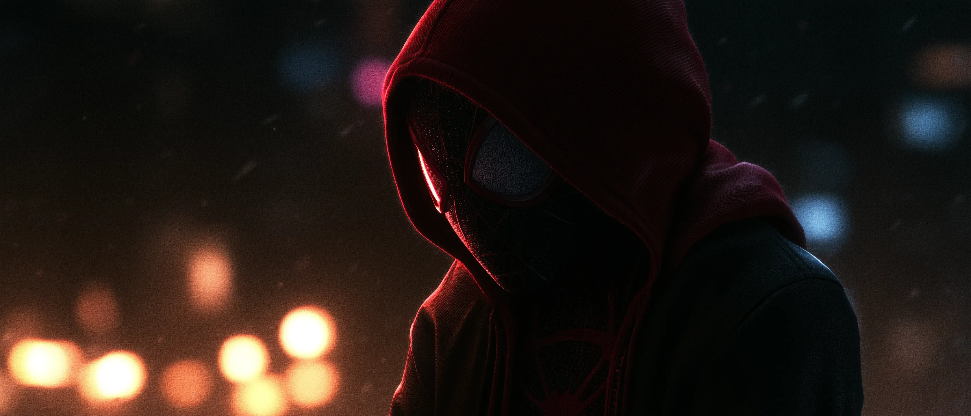 Miles Morales in a red hoodie, mask eye glowing faintly, standing in rain-streaked city bokeh lights at night.