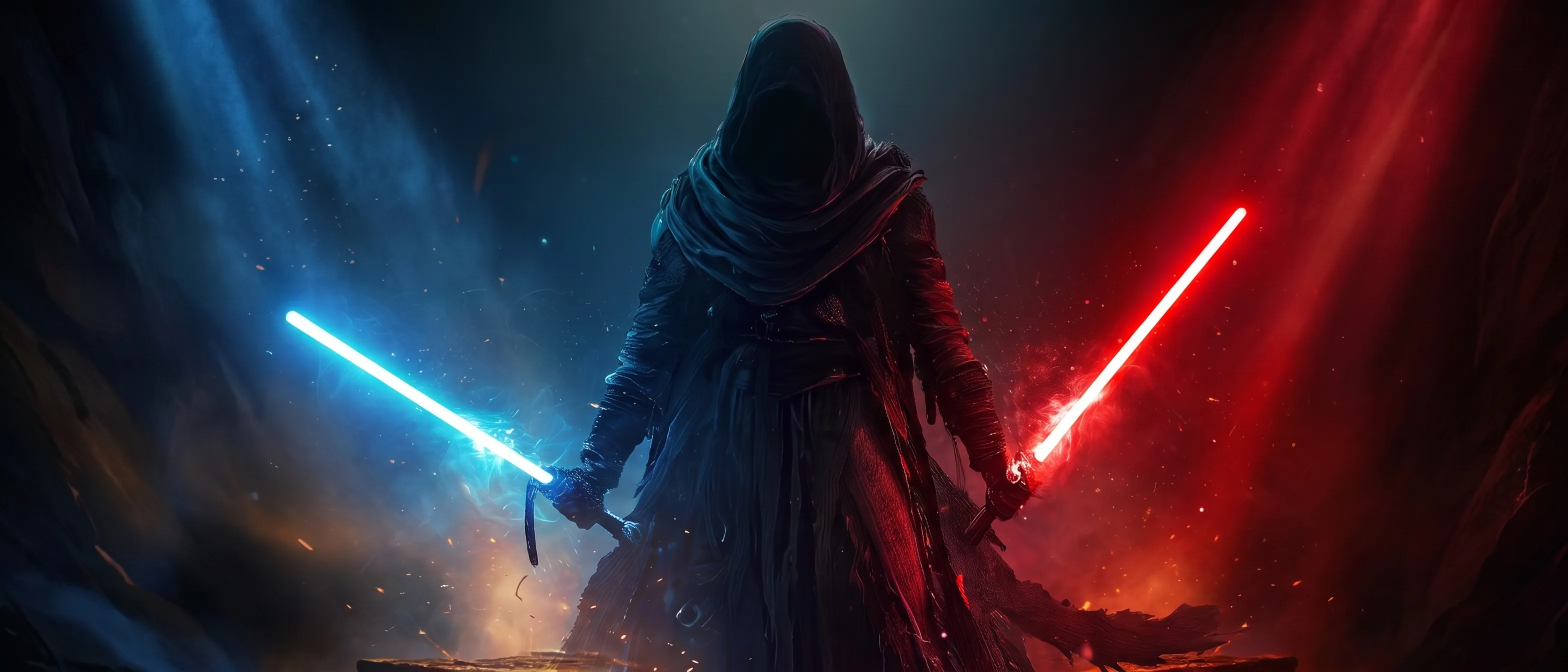 A hooded, faceless figure stands in a misty stone corridor wielding a blue lightsaber in one hand and a red lightsaber in the other.