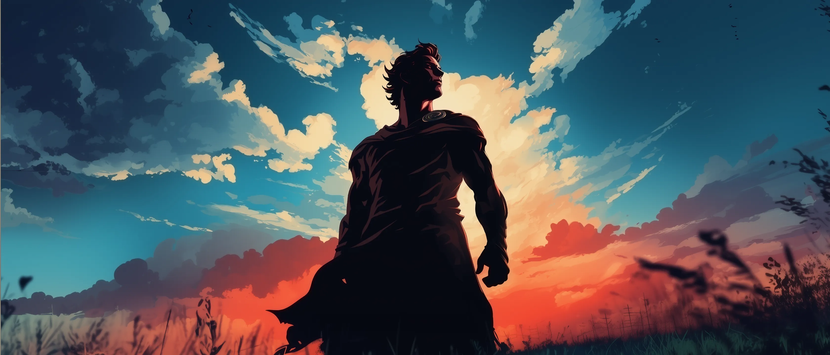 A caped figure stands in tall grass gazing up at a vast cloudscape split between deep blue sky and a burning orange sunset.