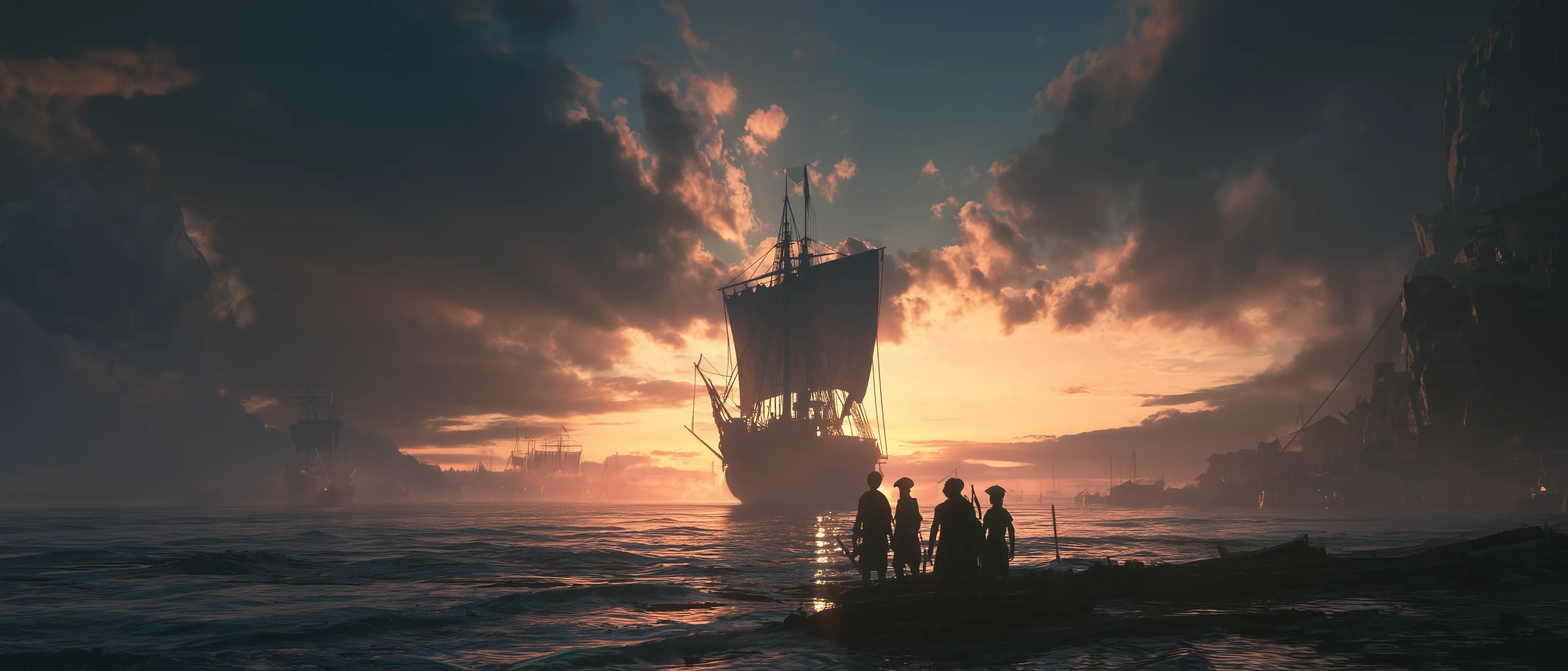 A group of young travelers stand on the deck of a weathered ship, silhouetted against a glowing sunset breaking through storm clouds.