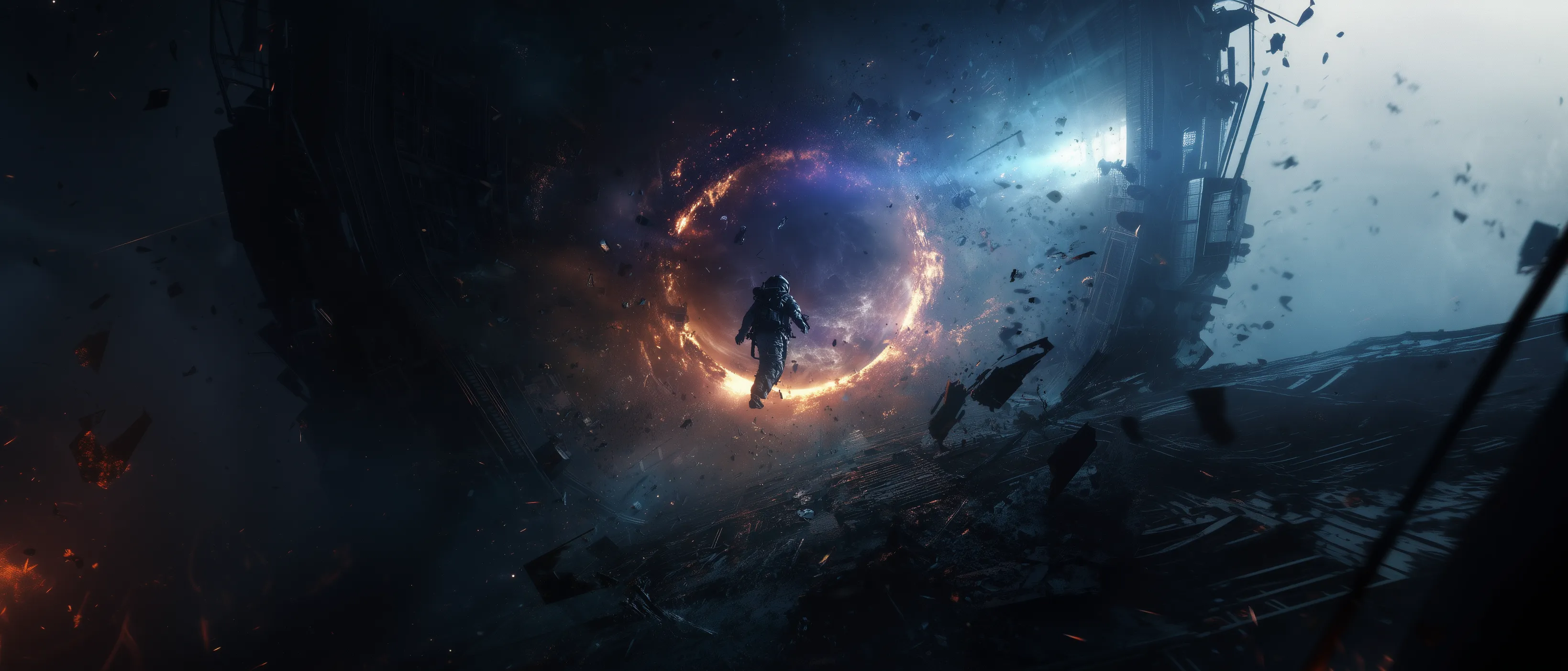 A lone astronaut floats silhouetted before a fiery ring-shaped anomaly amid the wreckage of a shattered space station.