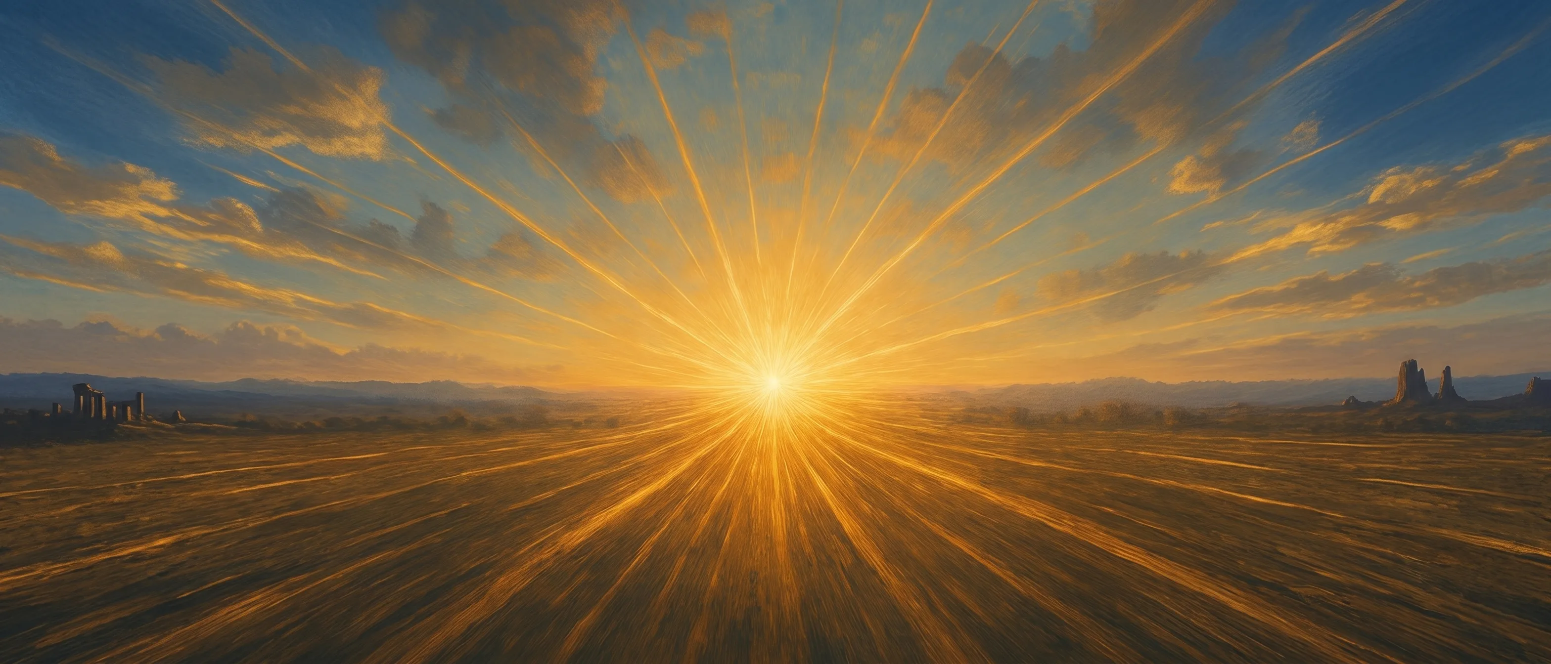 A blazing sunburst rises over a golden desert plain, ancient stone ruins silhouetted at the horizon beneath a wide sky of sunlit clouds.