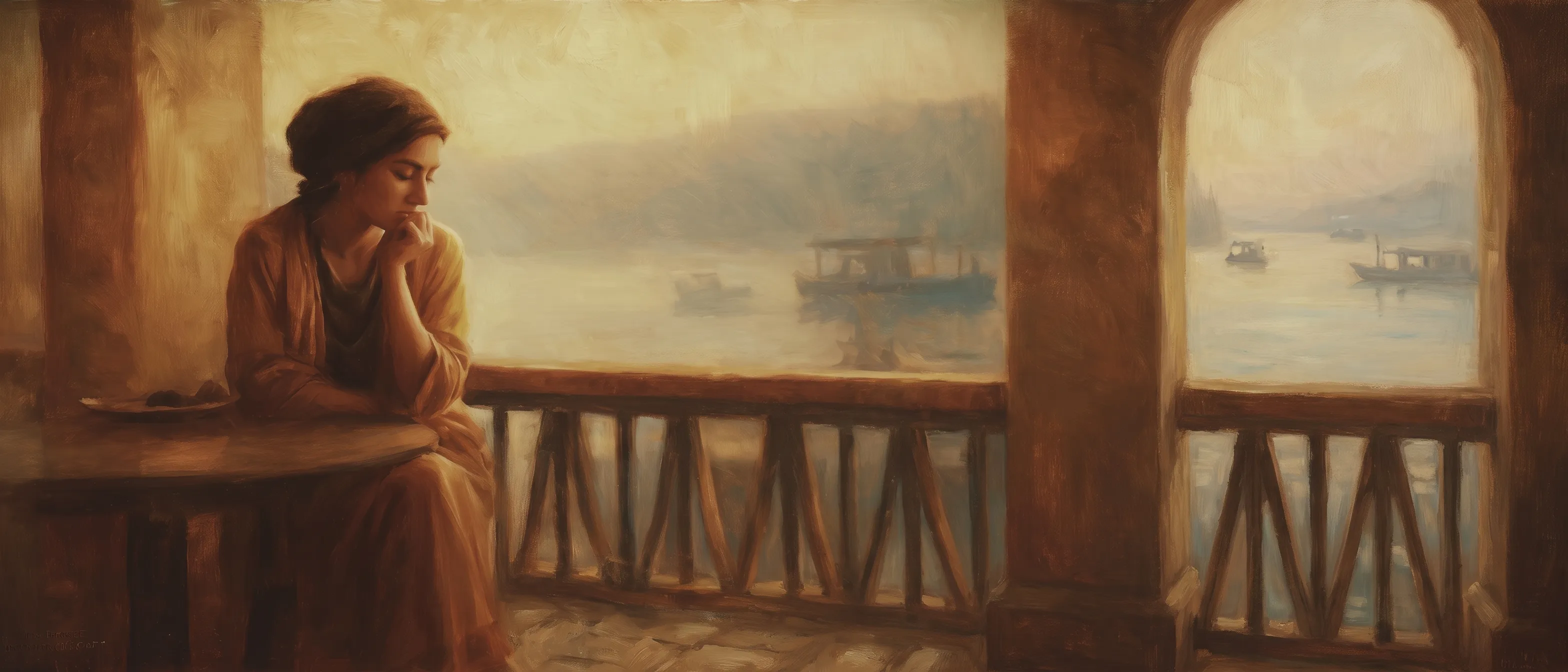 Oil painting of a woman resting her chin on her hand at a balcony table, gazing out over a misty harbor with small boats at golden hour