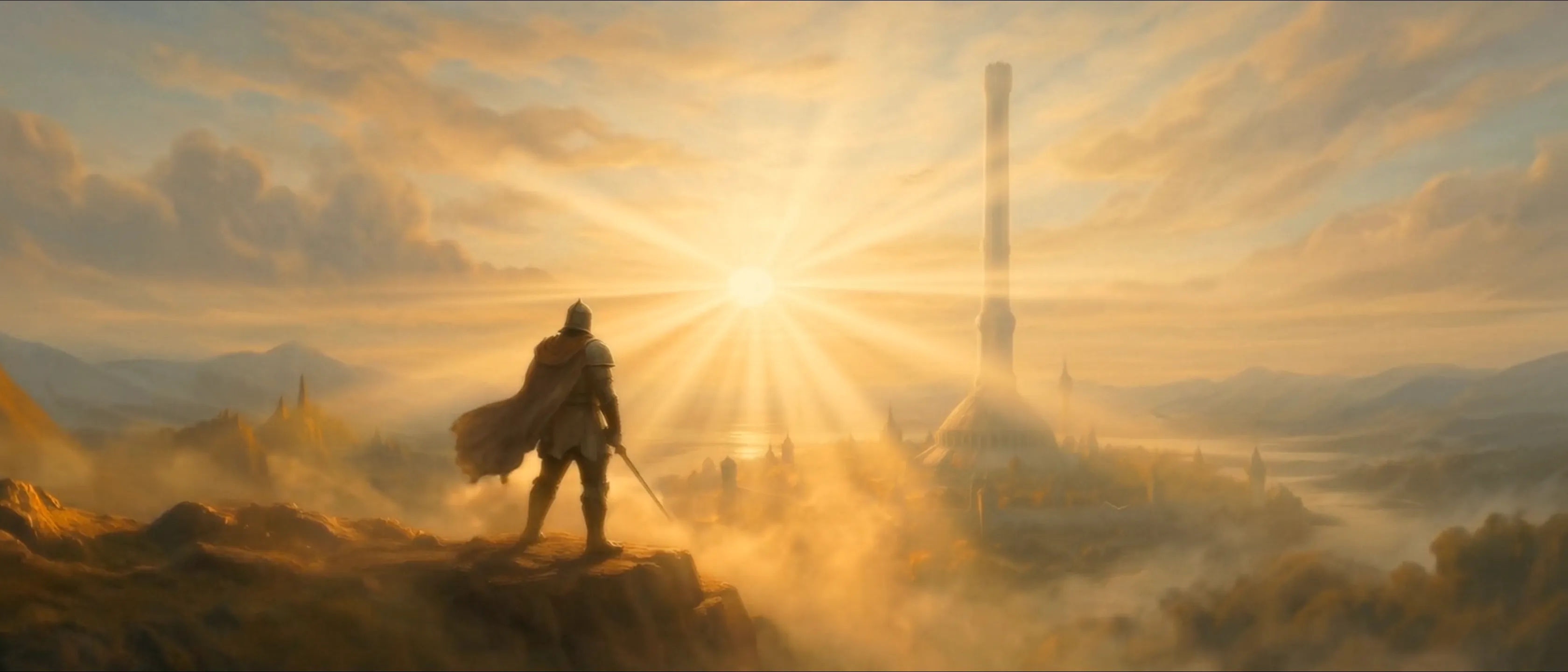 An armored knight in a wind-blown cape stands on a cliff at sunrise, gazing across a misty valley toward a white spired city with a towering white column.