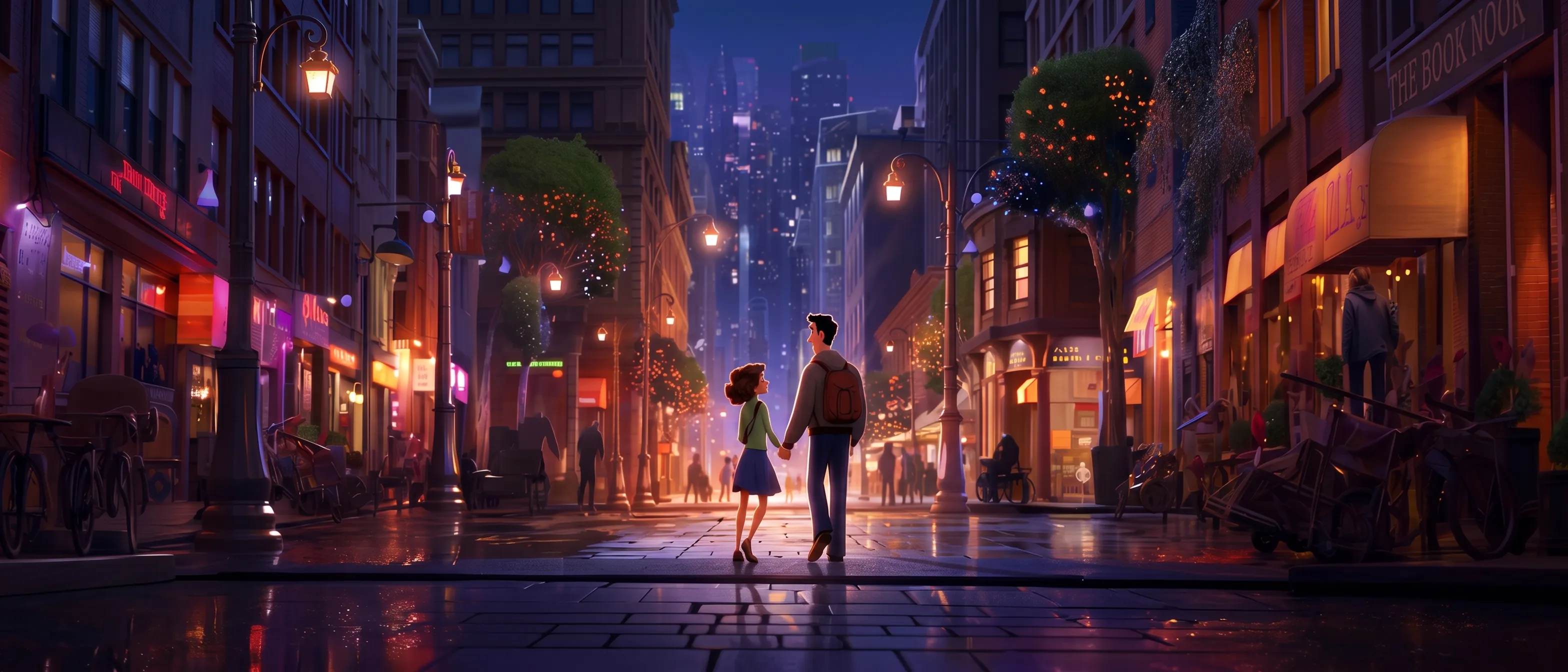 A couple holds hands on a glowing, rain-slicked city street at night, Pixar-style animation, skyscrapers rising in the distance under string lights and lamplight.